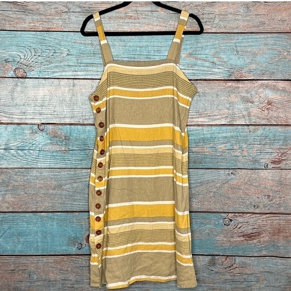 Saint Helena Poolside Dress L Yellow Striped Tank Mini Cover Up Button Beach - Picture 1 of 5